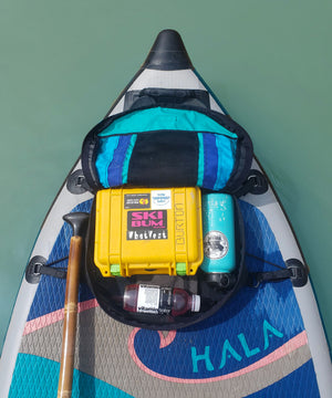 SUP deck bag, stand up paddle board, bag to hold beer, water, snacks when paddleboarding, Hala, steamboat, big hollow designs, river, ocean,  lake, pelican case, Grasssticks paddle