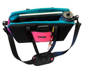 everyday tote bag, cross body bag, purse, hot pink, teal, turquoise, yellow, laptop bag
