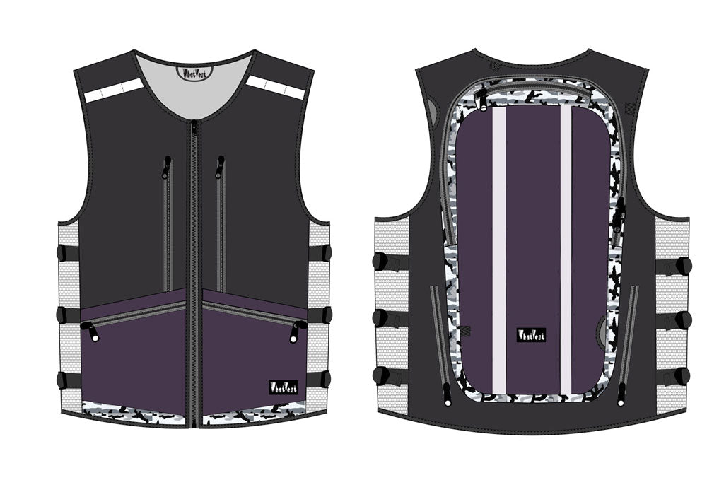 ski snowboard snowmobile vest backpack, grey purple snow camo utility whatvest
