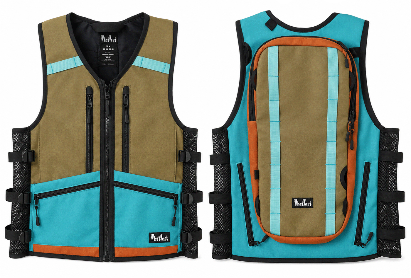 rye tan rust burnt orange teal blue turquoise whatvest, backpack vest, utility vest, ski snowboard moto