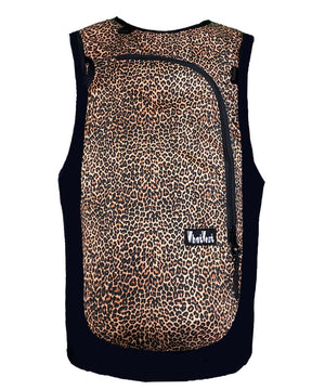 cheetah ski outfit, leopard snowboard kit, backpack vest, backcountry ski vest
