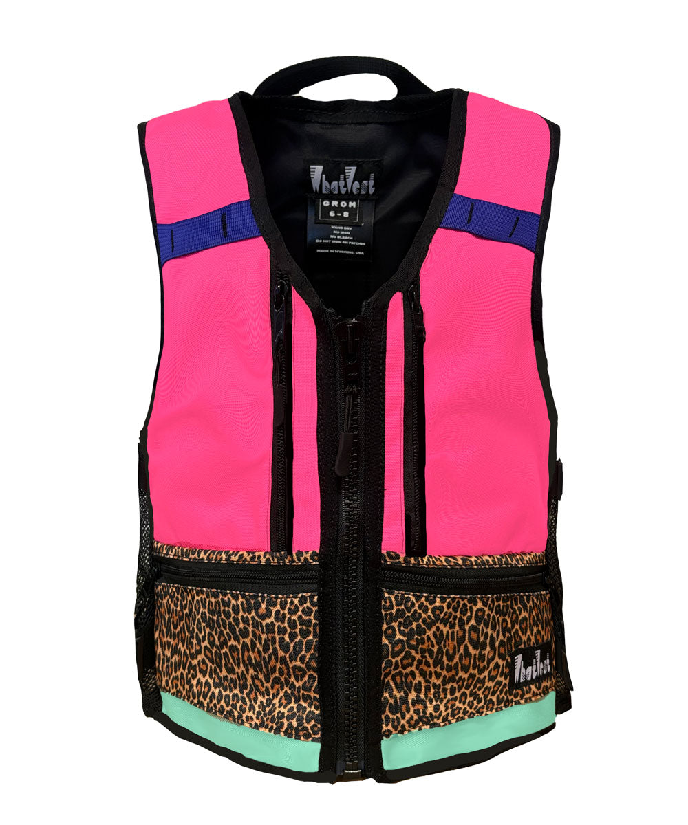 kids ski vest, children's snowboard vest, kids backpack vest for skiing, backcountry ski vest for kids, girls, hot pink, purple