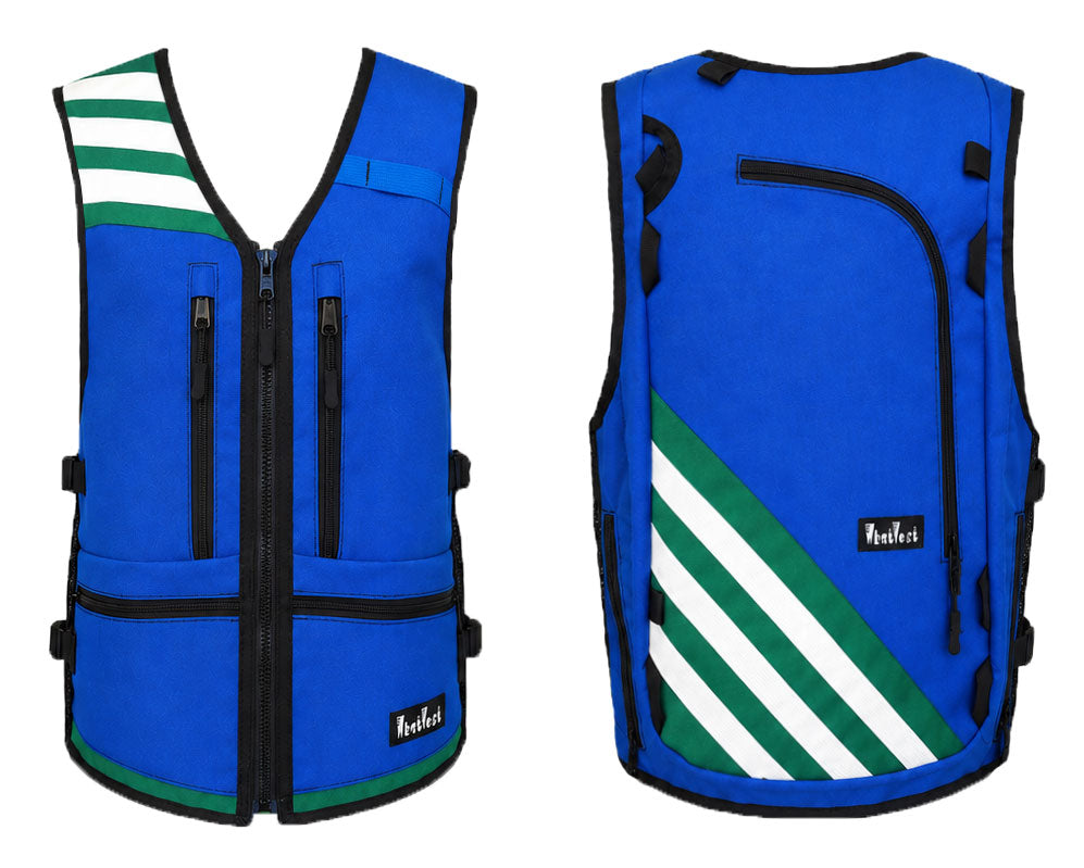 blue vest with white and green stripes, ski snowboard backcountry utility vest, skiing snowboarding, winter 2026 best winter apparel, snowboard utility vest, whatvest, snowboard vest, backpack vest, snowmobile, sled neck vest, beacon, shovel probe, big mountain freeskiing