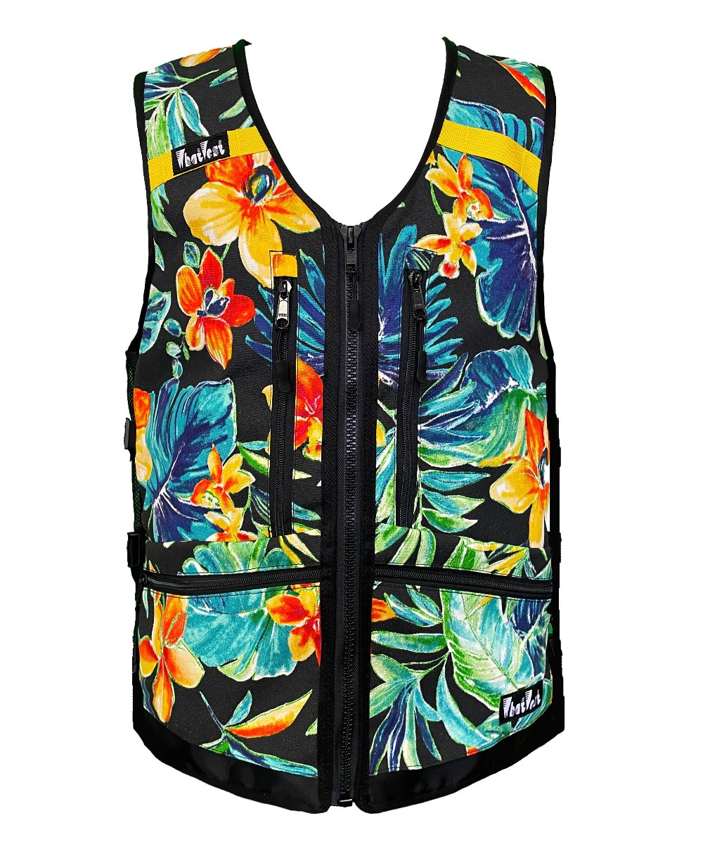 Aloha Hawaiian pattern whatvest, ski snowboard 2024-2025 best winter apparel kit, backcountry skiing, sled ski, snowmo, snowmobile vest, utility vest.