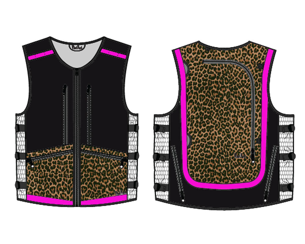 cheetah hot pink ski outfit, leopard snowboard kit, backpack vest, backcountry ski vest
