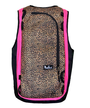 cheetah leopard hot pink ski vest, animal print, snowboard kit, pack vest, backcountry ski vest