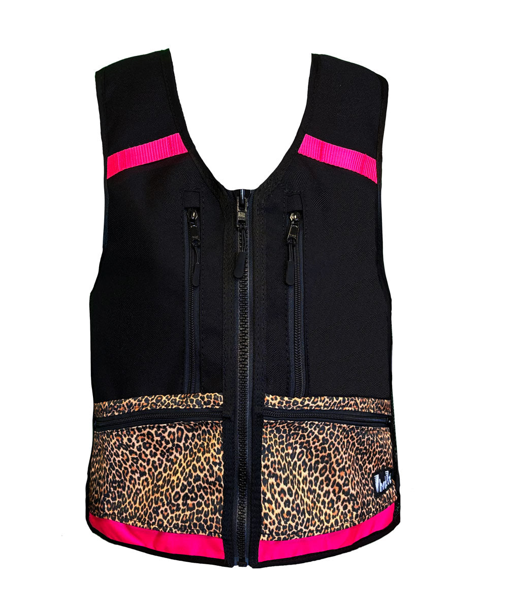 cheetah hot pink ski outfit, leopard snowboard kit, pack vest, backcountry ski vest