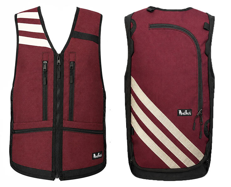 maroon with cream stripes, ski snowboard backcountry utility vest, skiing snowboarding, winter 2026 best winter apparel, snowboard utility vest, whatvest, snowboard vest, backpack vest, snowmobile, sled neck vest, beacon, shovel probe, big mountain freeskiing