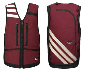 maroon with cream stripes, ski snowboard backcountry utility vest, skiing snowboarding, winter 2026 best winter apparel, snowboard utility vest, whatvest, snowboard vest, backpack vest, snowmobile, sled neck vest, beacon, shovel probe, big mountain freeskiing