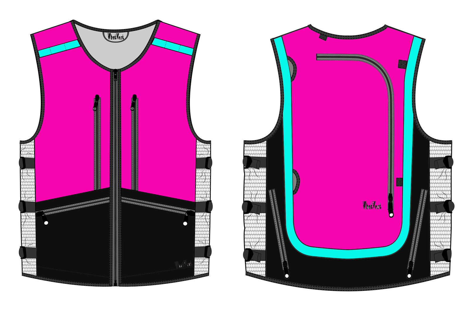 Hot pink, turquoise, black ski snowboard backcountry utility vest, skiing snowboarding, winter 2026 best winter apparel, snowboard utility vest, whatvest, snowboard vest, backpack vest, snowmobile, sled neck vest, beacon, shovel probe, big mountain freeskiing