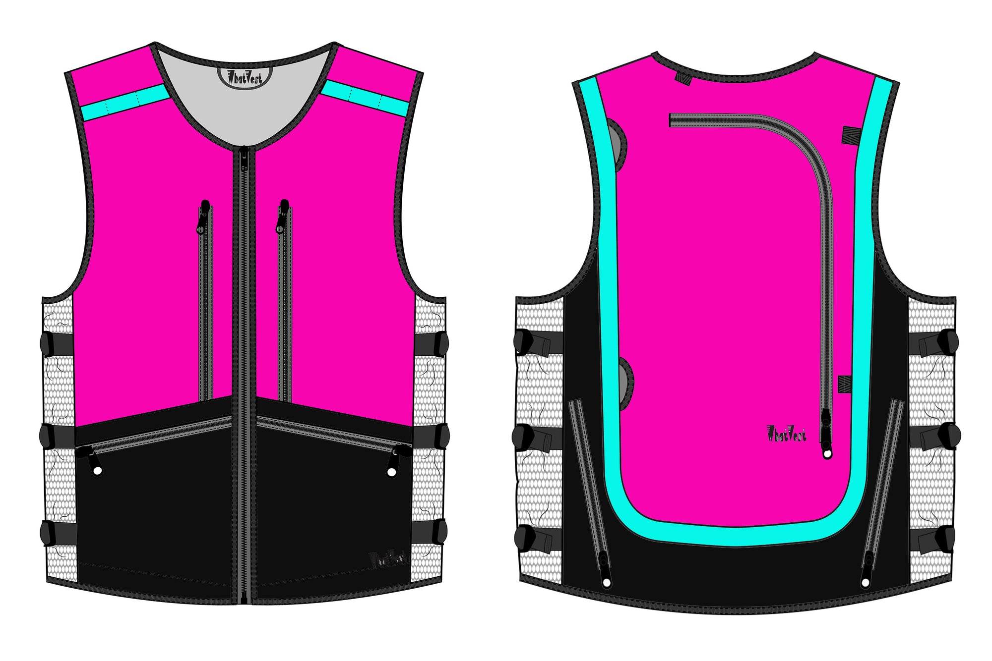 Hot pink, turquoise, black ski snowboard backcountry utility vest, skiing snowboarding, winter 2022 2025-26 best winter apparel, snowboard utility vest, whatvest, snowboard vest, backpack vest, snowmobile, sled neck vest, beacon, shovel probe, big mountain freeskiing