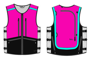 Hot pink, turquoise, black ski snowboard backcountry utility vest, skiing snowboarding, winter 2022 2025-26 best winter apparel, snowboard utility vest, whatvest, snowboard vest, backpack vest, snowmobile, sled neck vest, beacon, shovel probe, big mountain freeskiing