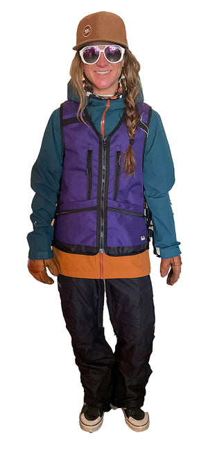 model is 5'4", 125lbs and wearing size Small/Medium women's purple ski vest, whatvest