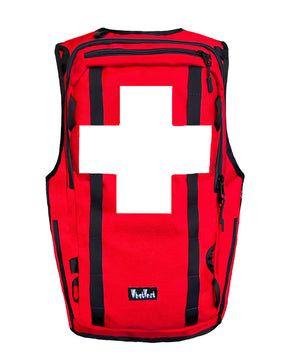 ski patrol utility vest, NSP national ski patrol avalanche safety vest, made in Wyoming, whatvest, red, radio holster, mountain operations, vest pack.
