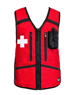 ski patrol utility vest, NSP national ski patrol avalanche safety vest, made in Wyoming, whatvest, red, radio holster, mountain operations, vest pack.
