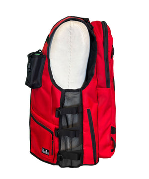 red ski patrol utility vest, beacon shovel probe vest pack, low profile, heavy duty, mountain operations vest