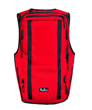 red ski patrol utility vest, beacon shovel probe vest pack, low profile, heavy duty, mountain operations vest