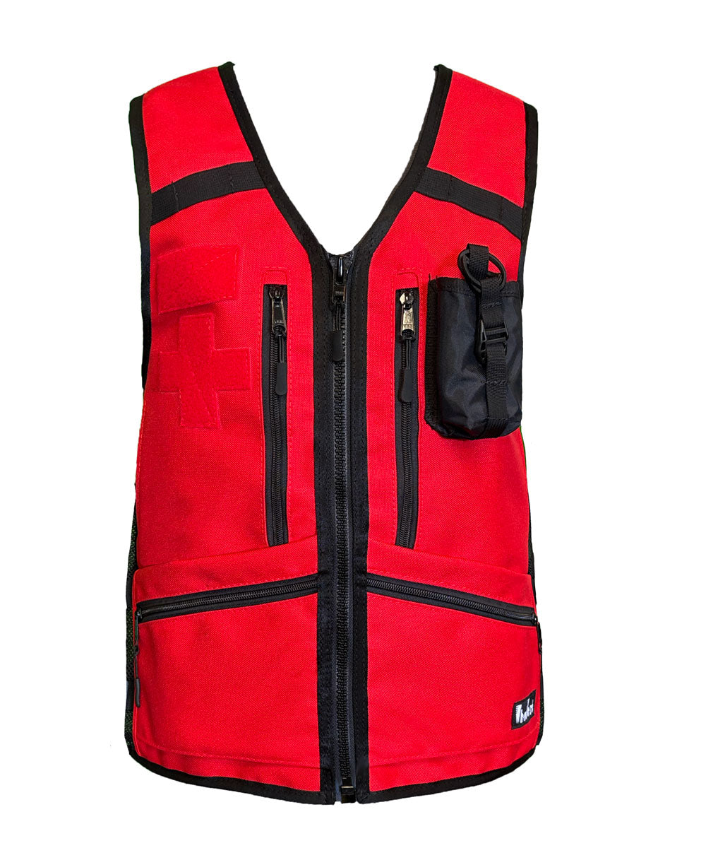 red ski patrol utility vest, beacon shovel probe vest pack, low profile, heavy duty, mountain operations vest