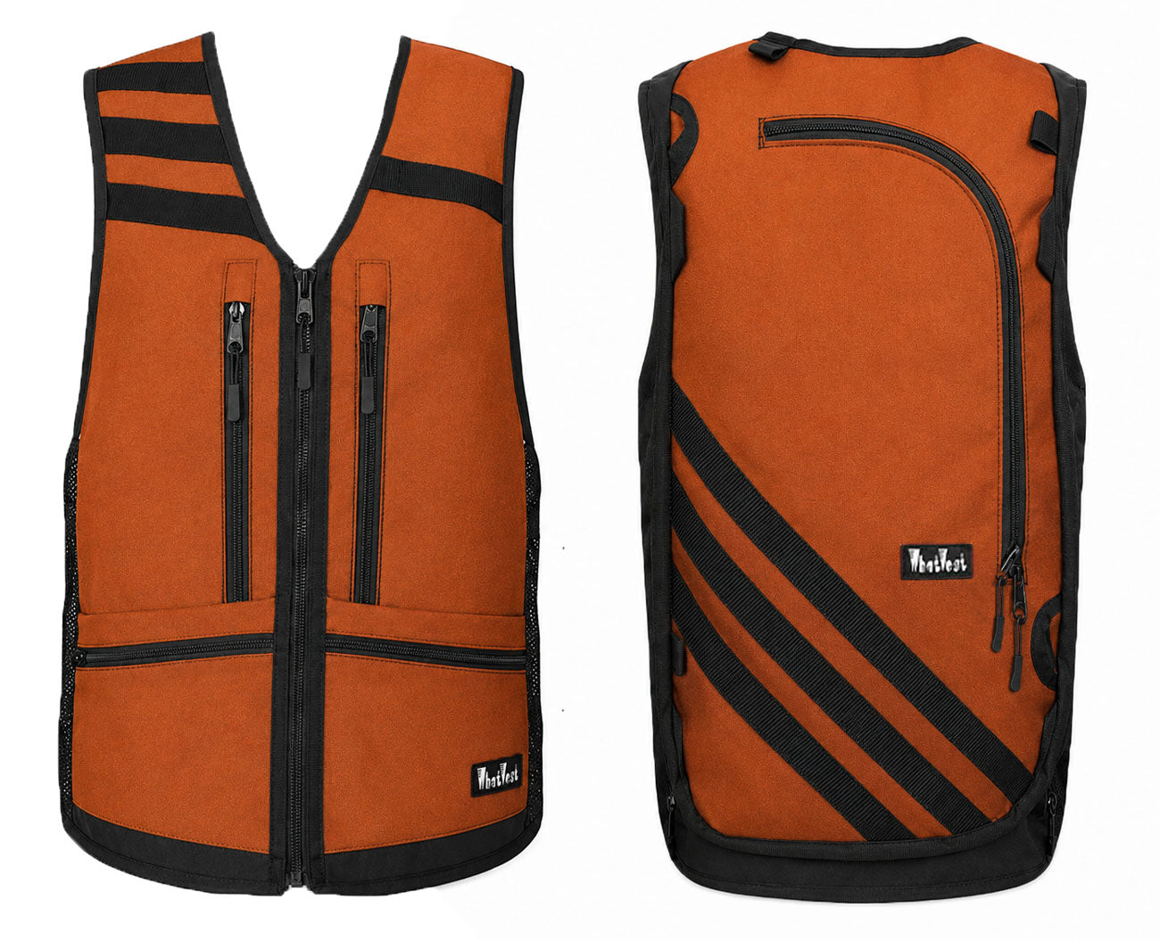 rust orange vest with black stripes, ski snowboard backcountry utility vest, skiing snowboarding, winter 2026 best winter apparel, snowboard utility vest, whatvest, snowboard vest, backpack vest, snowmobile, sled neck vest, beacon, shovel probe, big mountain freeskiing