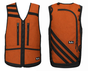 rust orange vest with black stripes, ski snowboard backcountry utility vest, skiing snowboarding, winter 2026 best winter apparel, snowboard utility vest, whatvest, snowboard vest, backpack vest, snowmobile, sled neck vest, beacon, shovel probe, big mountain freeskiing