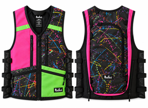 hot pink neon green splatter paint ski utility vest, winter 2026-2027 best winter apparel, snowboard utility vest, whatvest, snowboard vest, backpack vest, snowmobile, sled neck vest, freeskiing, backpack vest, moto vest