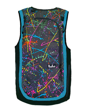 90s splatter paint whatvest, ski snowboard utility backpack vest, snowmobile, sledneck, backcountry skiing