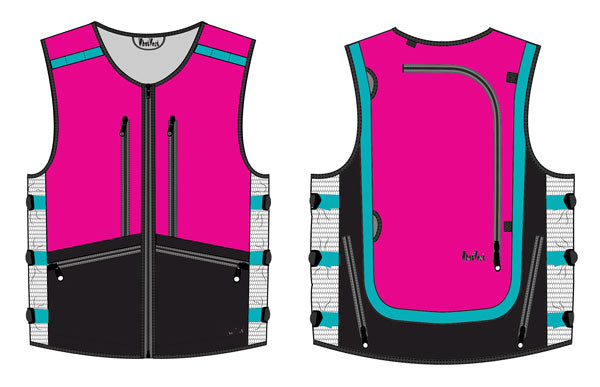Hot pink, turquoise, black ski snowboard backcountry utility vest, skiing snowboarding, winter 2022 2025-26 best winter apparel, snowboard utility vest, whatvest, snowboard vest, backpack vest, snowmobile, sled neck vest, beacon, shovel probe, big mountain freeskiing