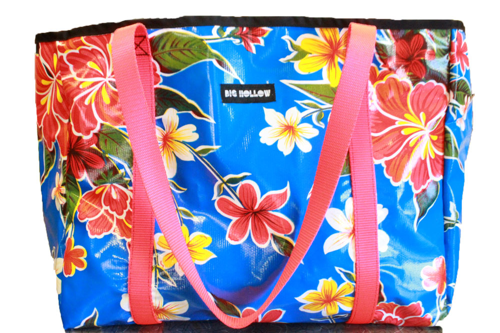 oilcloth tote bag, grocery bag, craft bag, beach bag, blue Hawaiian large, heavy duty