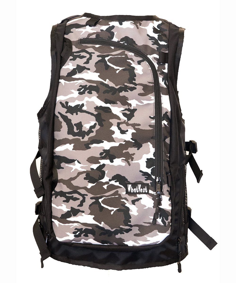 snow camo whatvest, ski snowboard backcountry utility vest, skiing snowboarding, winter 2024 best winter apparel, snowboard utility vest, side country, snowboard vest, backpack vest, snowmobile, sled neck vest, beacon, shovel probe, big mountain freeskiing